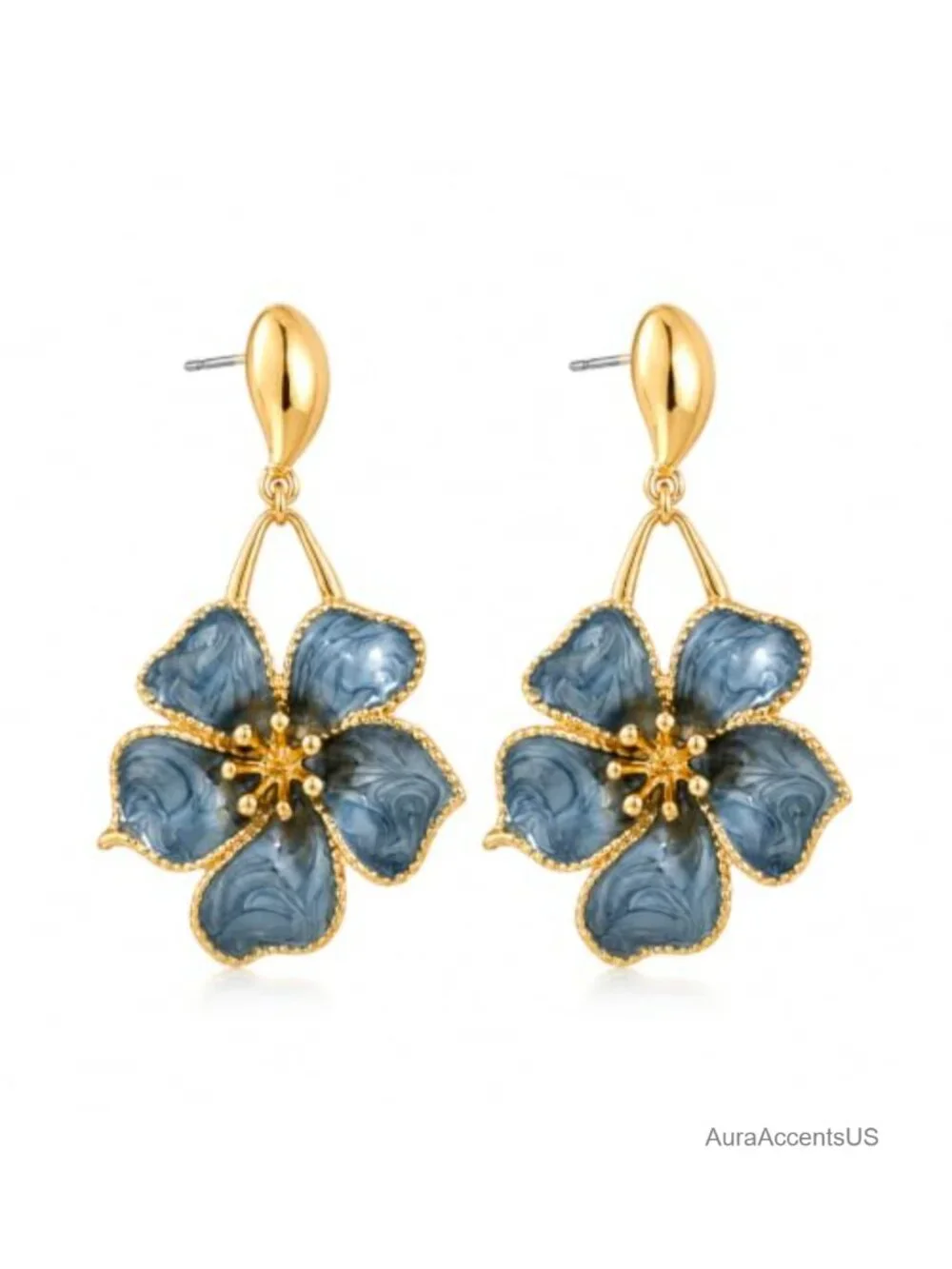 Gold Tone Floral Dangle Earrings, Oversized Flower Drop Earrings, Lightweight